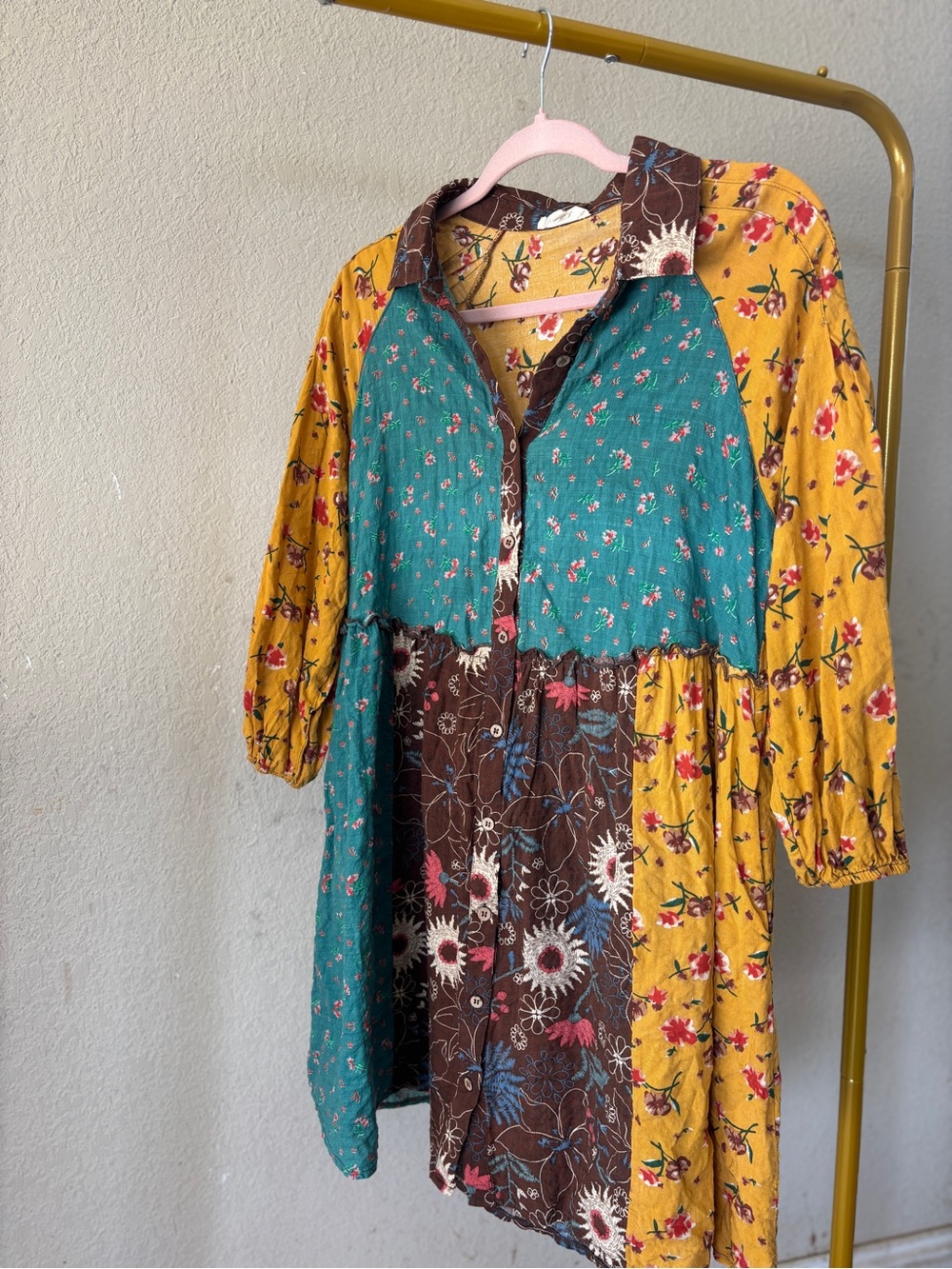 Easel Multicolor Patchwork Floral Button-Front Dress in Teal, Mustard & Brown